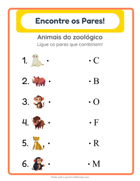 Pré-visualização da ficha de Pareamento com Animais do zoológico para Educação infantil (pré-escola, 5-7 anos)