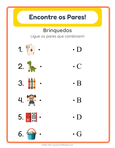 Pré-visualização da ficha de Pareamento com Brinquedos para Educação infantil (pré-escola, 5-7 anos)