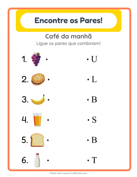 Pré-visualização da ficha de Pareamento com Café da manhã para Educação infantil (pré-escola, 5-7 anos)