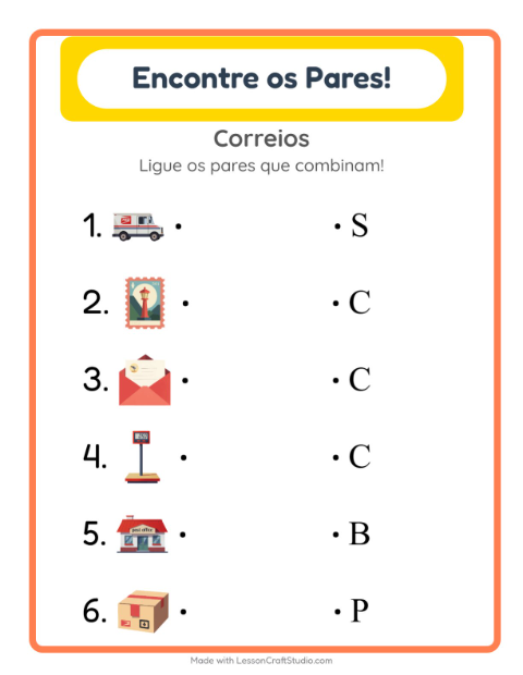 Pré-visualização da ficha de Pareamento com Correios para Educação infantil (pré-escola, 5-7 anos)