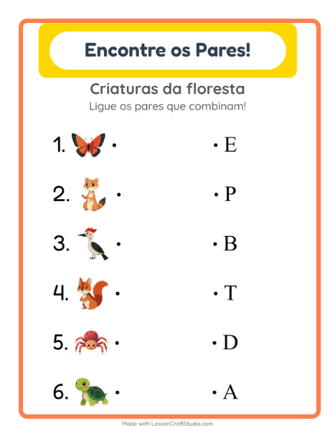 Pré-visualização da ficha de Pareamento com Criaturas da floresta para Educação infantil (pré-escola, 5-7 anos)
