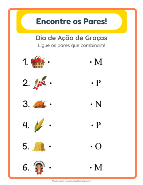 Pré-visualização da ficha de Pareamento com Dia de Ação de Graças para Educação infantil (pré-escola, 5-7 anos)