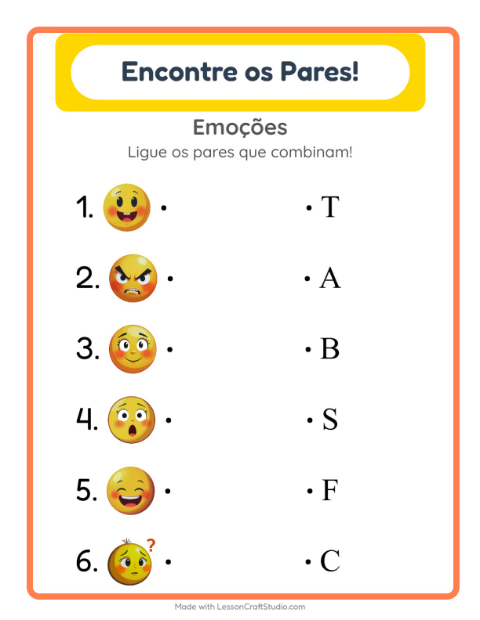 Pré-visualização da ficha de Pareamento com Emoções para Educação infantil (pré-escola, 5-7 anos)