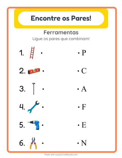 Pré-visualização da ficha de Pareamento com Ferramentas para Educação infantil (pré-escola, 5-7 anos)
