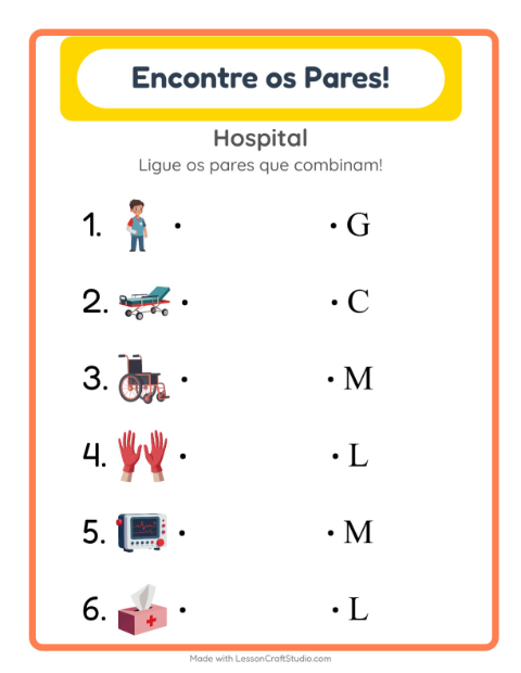 Pré-visualização da ficha de Pareamento com Hospital para Educação infantil (pré-escola, 5-7 anos)