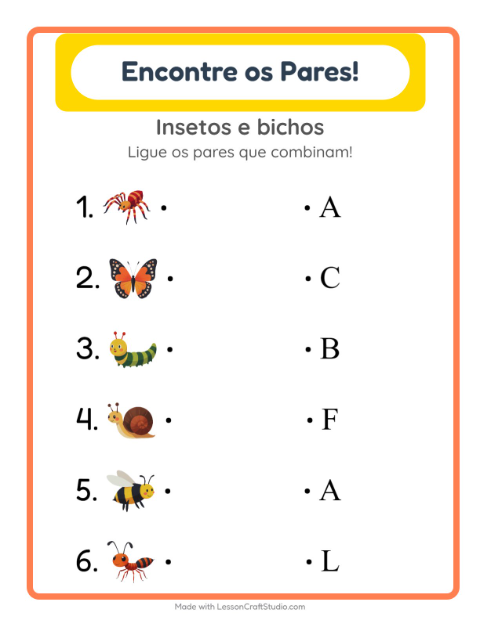 Pré-visualização da ficha de Pareamento com Insetos e bichos para Educação infantil (pré-escola, 5-7 anos)