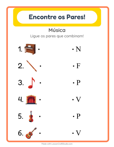 Pré-visualização da ficha de Pareamento com Música para Educação infantil (pré-escola, 5-7 anos)