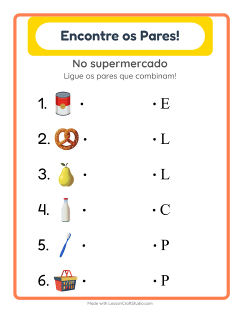 Pré-visualização da ficha de Pareamento com No supermercado para Educação infantil (pré-escola, 5-7 anos)