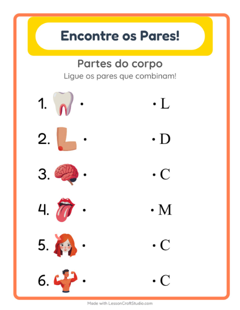 Pré-visualização da ficha de Pareamento com Partes do corpo para Educação infantil (pré-escola, 5-7 anos)