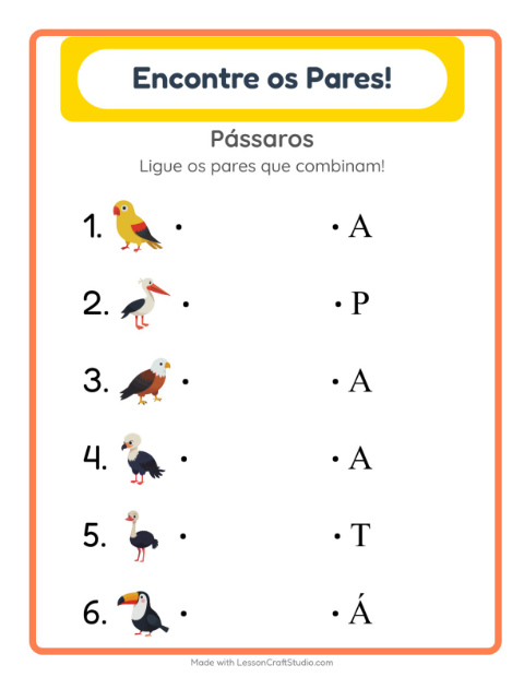 Pré-visualização da ficha de Pareamento com Pássaros para Educação infantil (pré-escola, 5-7 anos)
