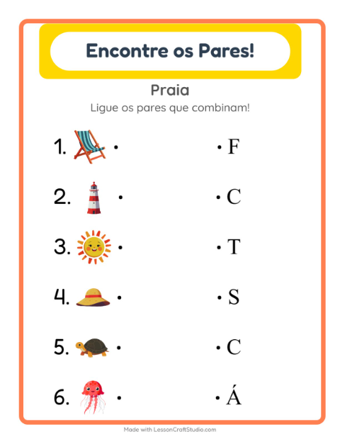 Pré-visualização da ficha de Pareamento com Praia para Educação infantil (pré-escola, 5-7 anos)