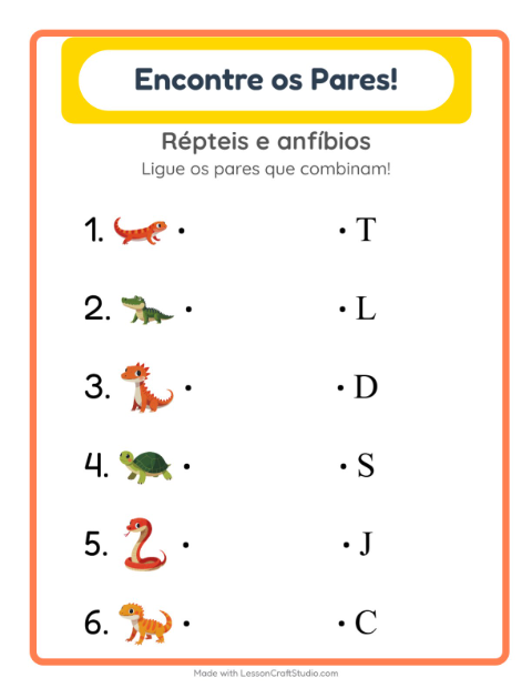 Pré-visualização da ficha de Pareamento com Répteis e anfíbios para Educação infantil (pré-escola, 5-7 anos)