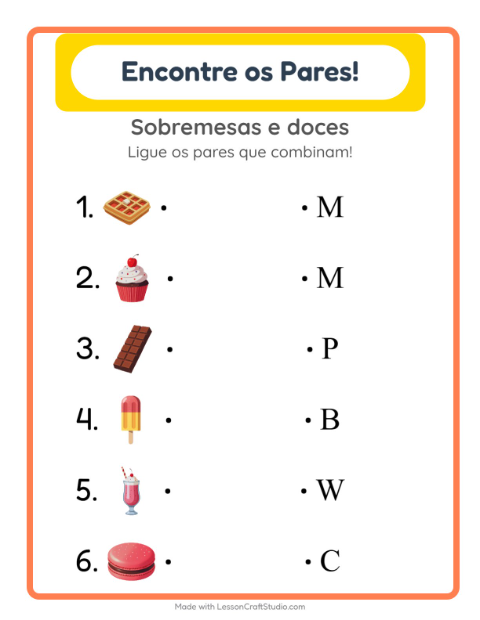 Pré-visualização da ficha de Pareamento com Sobremesas e doces para Educação infantil (pré-escola, 5-7 anos)