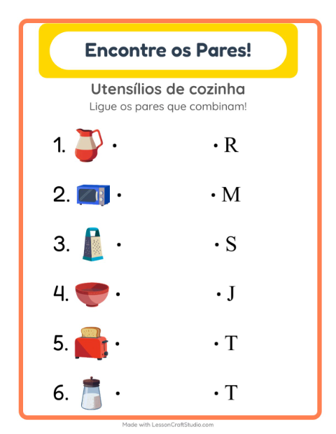 Pré-visualização da ficha de Pareamento com Utensílios de cozinha para Educação infantil (pré-escola, 5-7 anos)