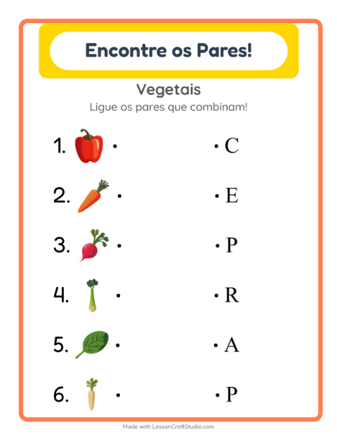 Pré-visualização da ficha de Pareamento com Vegetais para Educação infantil (pré-escola, 5-7 anos)