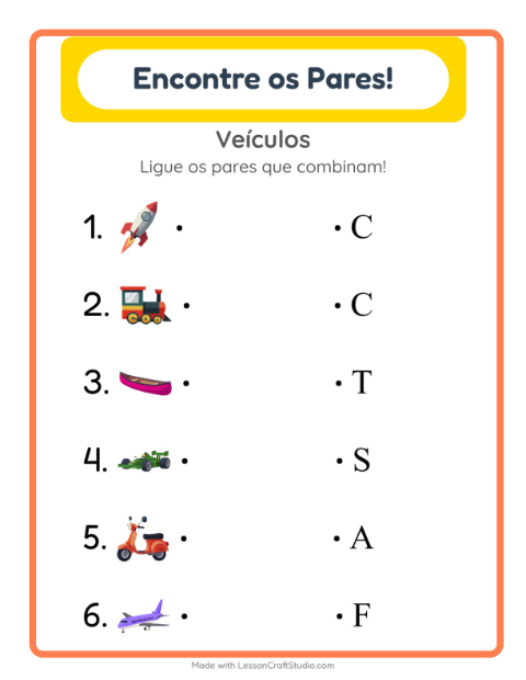 Pré-visualização da ficha de Pareamento com Veículos para Educação infantil (pré-escola, 5-7 anos)