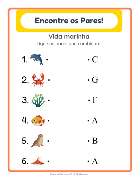 Pré-visualização da ficha de Pareamento com Vida marinha para Educação infantil (pré-escola, 5-7 anos)