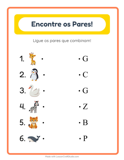 Pré-visualização da ficha de Pareamento para Educação infantil (pré-escola, 5-7 anos)