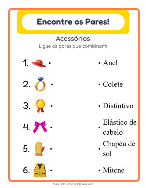 Pré-visualização da ficha de Pareamento para Educação infantil (pré-escola, 5-7 anos)