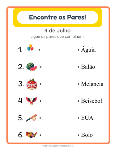 Pré-visualização da ficha de Pareamento para Educação infantil (pré-escola, 5-7 anos)