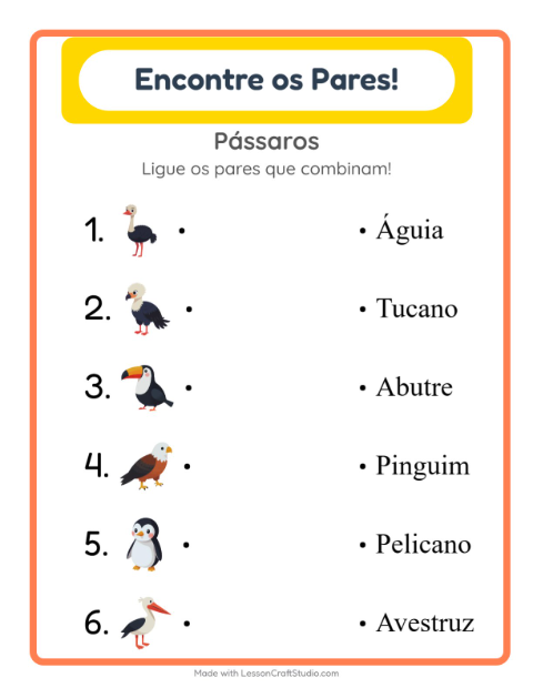 Pré-visualização da ficha de Pareamento para Educação infantil (pré-escola, 5-7 anos)