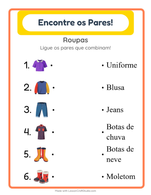 Pré-visualização da ficha de Pareamento para Educação infantil (pré-escola, 5-7 anos)