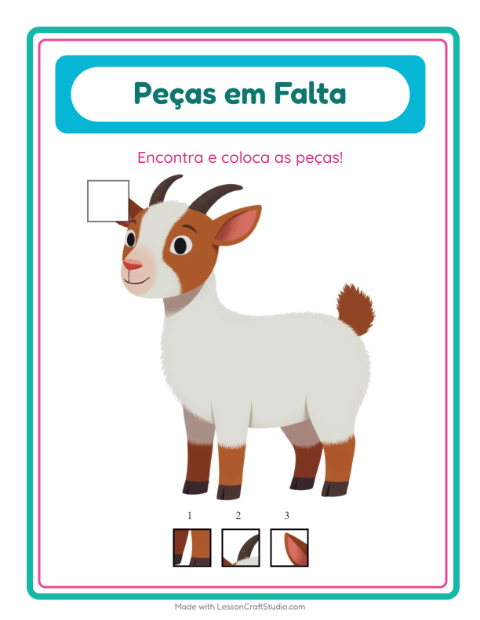 Pré-visualização da ficha de Peças Faltantes com Animais da fazenda para Educação infantil (pré-escola, 5-7 anos)