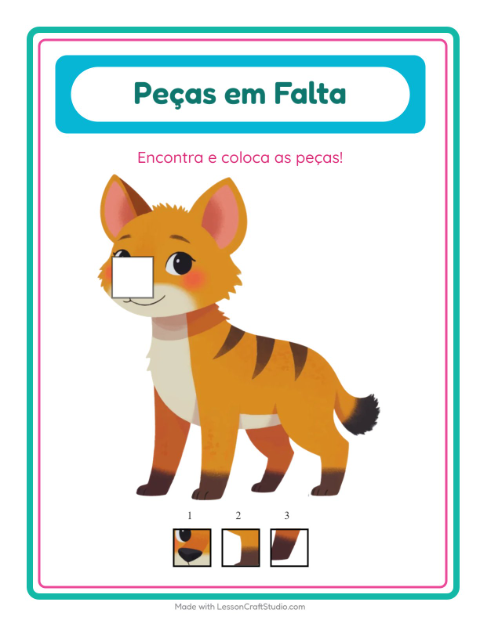 Pré-visualização da ficha de Peças Faltantes com Animais do zoológico para Educação infantil (pré-escola, 5-7 anos)