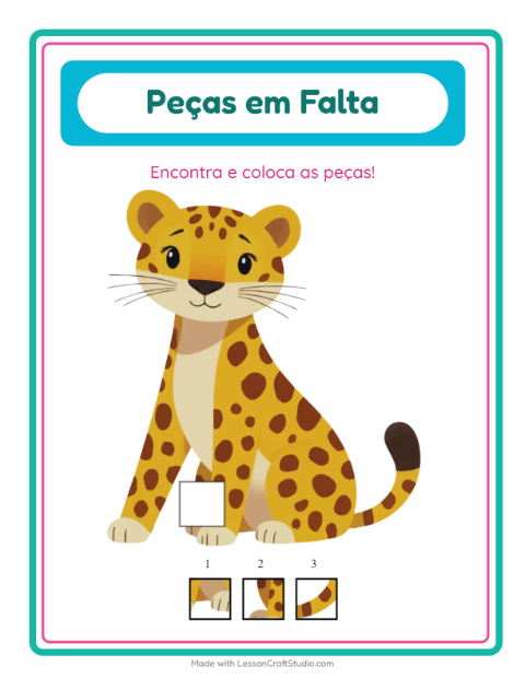 Pré-visualização da ficha de Peças Faltantes com Animais para Educação infantil (pré-escola, 5-7 anos)