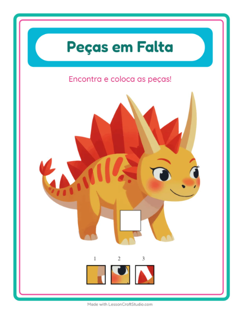 Pré-visualização da ficha de Peças Faltantes com Dinossauros para Educação infantil (pré-escola, 5-7 anos)