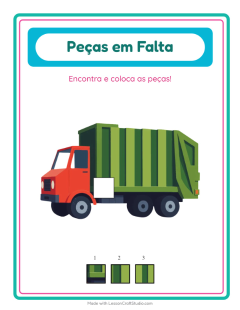 Pré-visualização da ficha de Peças Faltantes com Veículos para Educação infantil (pré-escola, 5-7 anos)
