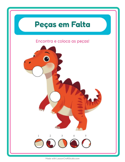 Pré-visualização da ficha de Peças Faltantes com Dinossauros para Educação infantil (pré-escola, 5-7 anos)