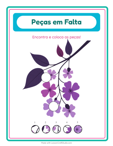Pré-visualização da ficha de Peças Faltantes com Flores para Educação infantil (pré-escola, 5-7 anos)