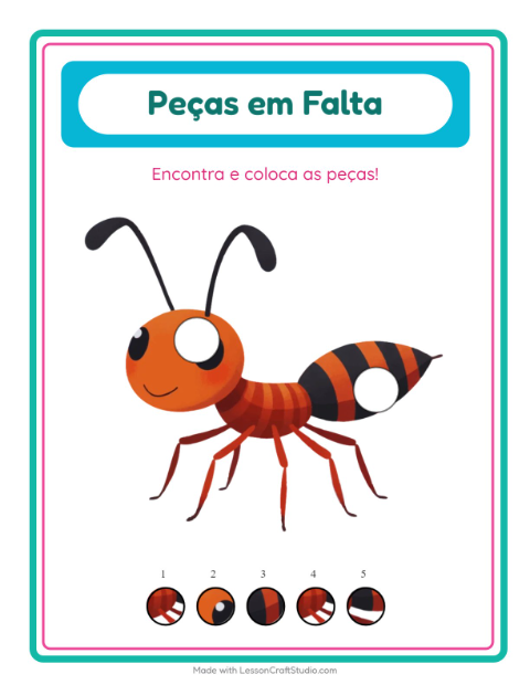 Pré-visualização da ficha de Peças Faltantes com Insetos e bichos para Educação infantil (pré-escola, 5-7 anos)