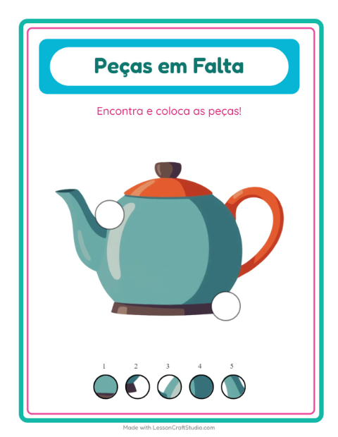 Pré-visualização da ficha de Peças Faltantes com Utensílios de cozinha para Educação infantil (pré-escola, 5-7 anos)