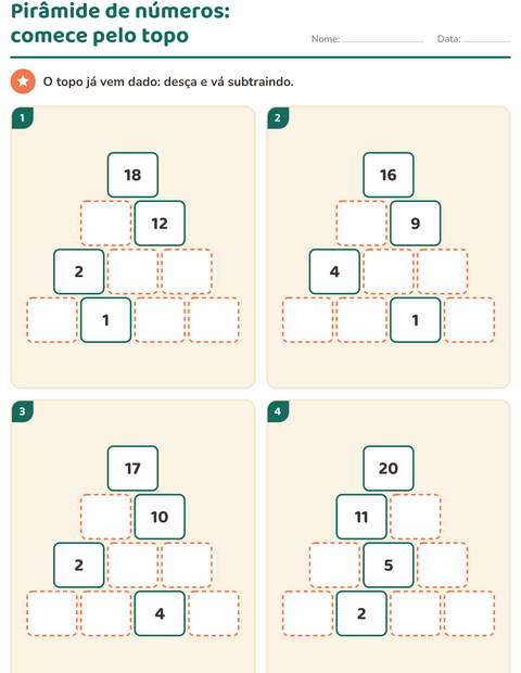 Pré-visualização da ficha de Pirâmide de números para 1º ano do ensino fundamental
