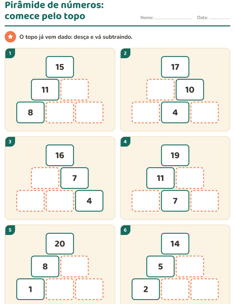 Pré-visualização da ficha de Pirâmide de números para 1º ano do ensino fundamental