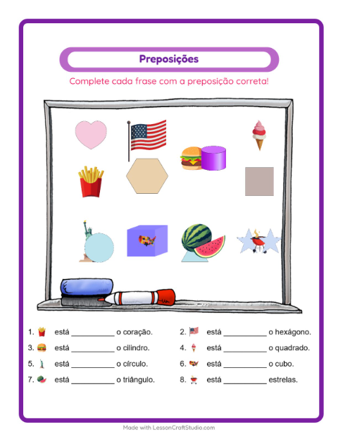 Pré-visualização da ficha de Preposições com 4 de Julho para Educação infantil (pré-escola, 5-7 anos)