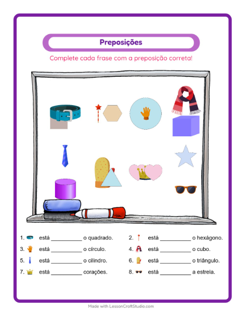 Pré-visualização da ficha de Preposições com Acessórios para Educação infantil (pré-escola, 5-7 anos)