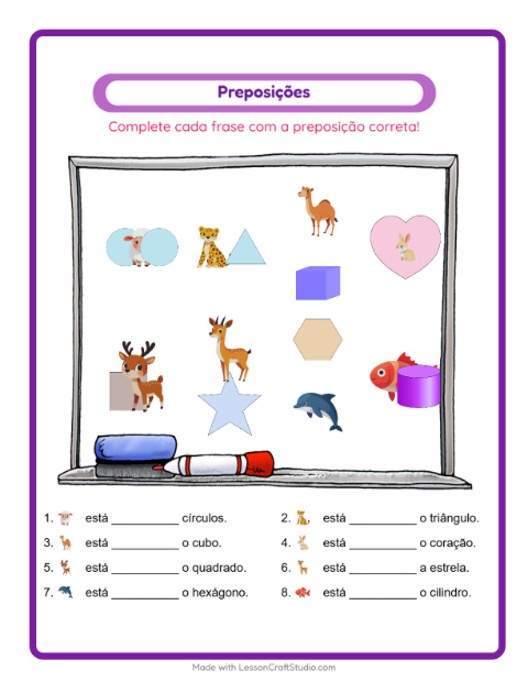Pré-visualização da ficha de Preposições com Animais para Educação infantil (pré-escola, 5-7 anos)