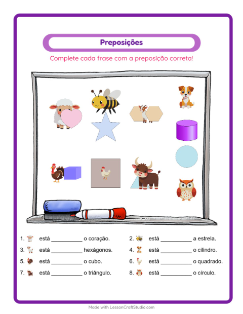 Pré-visualização da ficha de Preposições com Animais da fazenda para Educação infantil (pré-escola, 5-7 anos)