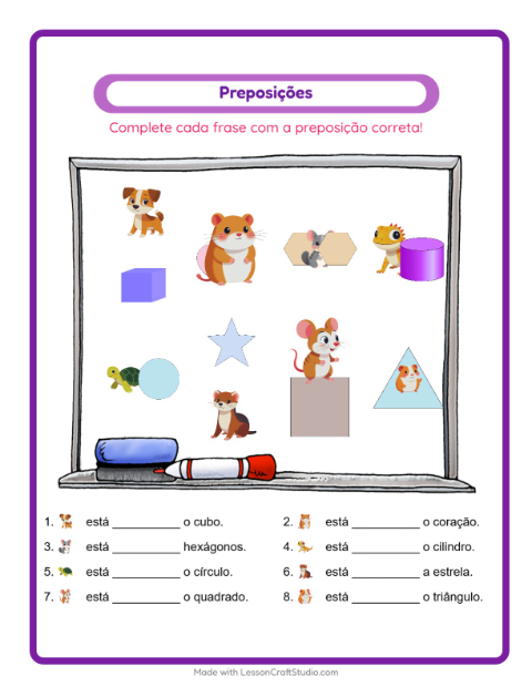 Pré-visualização da ficha de Preposições com Animais de estimação para Educação infantil (pré-escola, 5-7 anos)