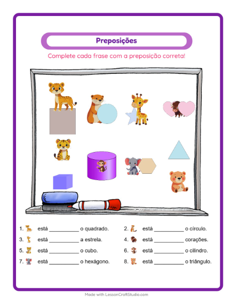 Pré-visualização da ficha de Preposições com Animais do zoológico para Educação infantil (pré-escola, 5-7 anos)