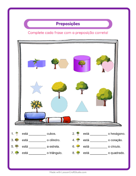 Pré-visualização da ficha de Preposições com Árvores para Educação infantil (pré-escola, 5-7 anos)