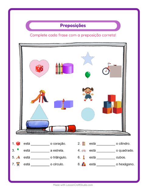 Pré-visualização da ficha de Preposições com Brinquedos para Educação infantil (pré-escola, 5-7 anos)