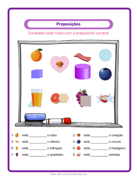 Pré-visualização da ficha de Preposições com Café da manhã para Educação infantil (pré-escola, 5-7 anos)
