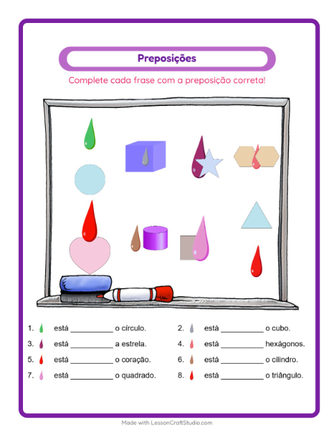 Pré-visualização da ficha de Preposições com Cores para Educação infantil (pré-escola, 5-7 anos)