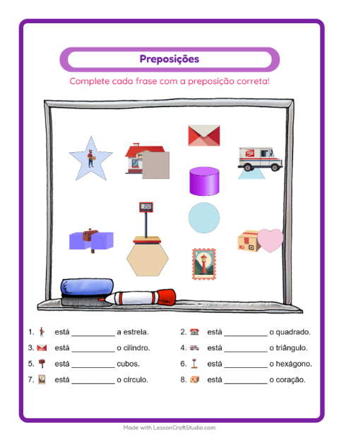Pré-visualização da ficha de Preposições com Correios para Educação infantil (pré-escola, 5-7 anos)