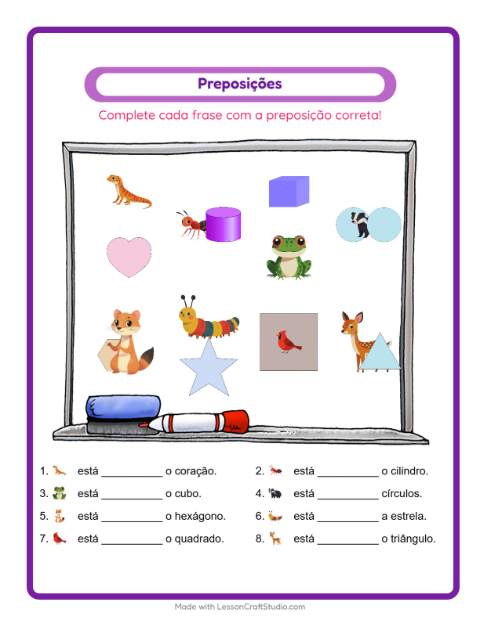 Pré-visualização da ficha de Preposições com Criaturas da floresta para Educação infantil (pré-escola, 5-7 anos)