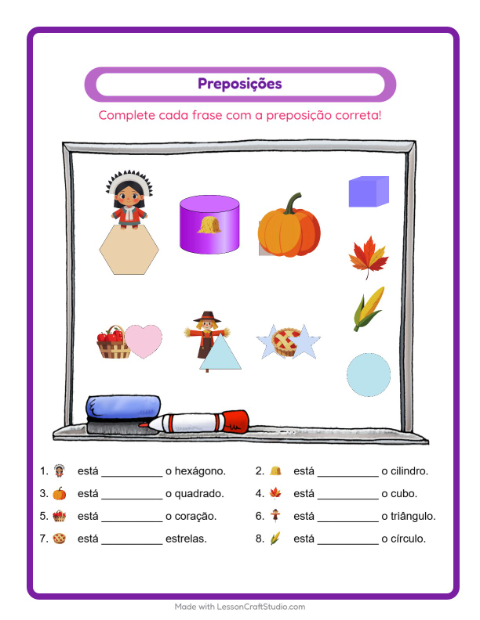 Pré-visualização da ficha de Preposições com Dia de Ação de Graças para Educação infantil (pré-escola, 5-7 anos)